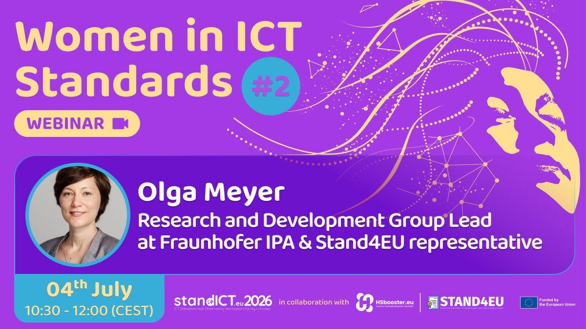 📌#WomenInICTStandards webinar #2!

🚀Olga Meyer <a href="/STAND4EU/">STAND4EU</a> is boosting the exploitation of #standardisation inputs from #European #Research projects to bridge the gap between #research and the marketplace

💡Currently analysing bottlenecks in the #standards development processes: