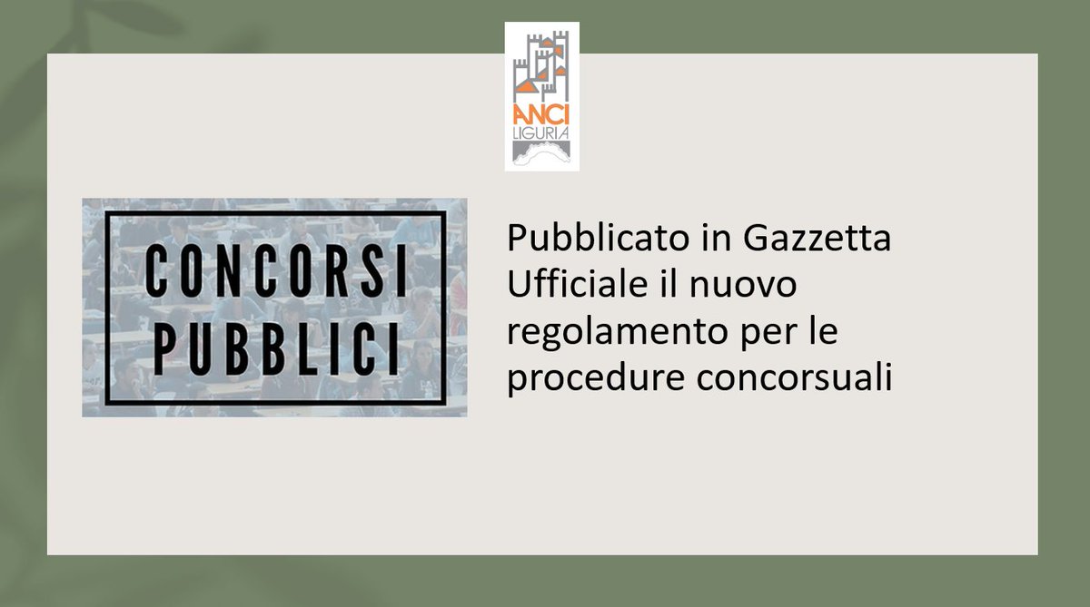 AnciLiguria's tweet image. 🔎#Concorsi #Pa: pubblicato in Gazzetta Ufficiale il nuovo Regolamento.
Molte le novità, come l'obbligo di pubblicazione dei bandi su #INPA e il superamento dei concorsi per soli titoli.
Tutti i dettagli al seguente link
➡️anciliguria.it/newsbox/concor…