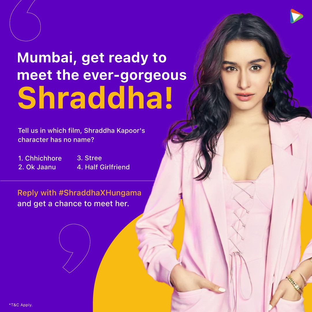 Let's make this Mausam even more awesome ♥️ Chalo #Mumbai get ready! Answer the contest question with #ShraddhaXHungama and lucky couples will get a chance to meet the gorgeous #ShraddhaKapoor