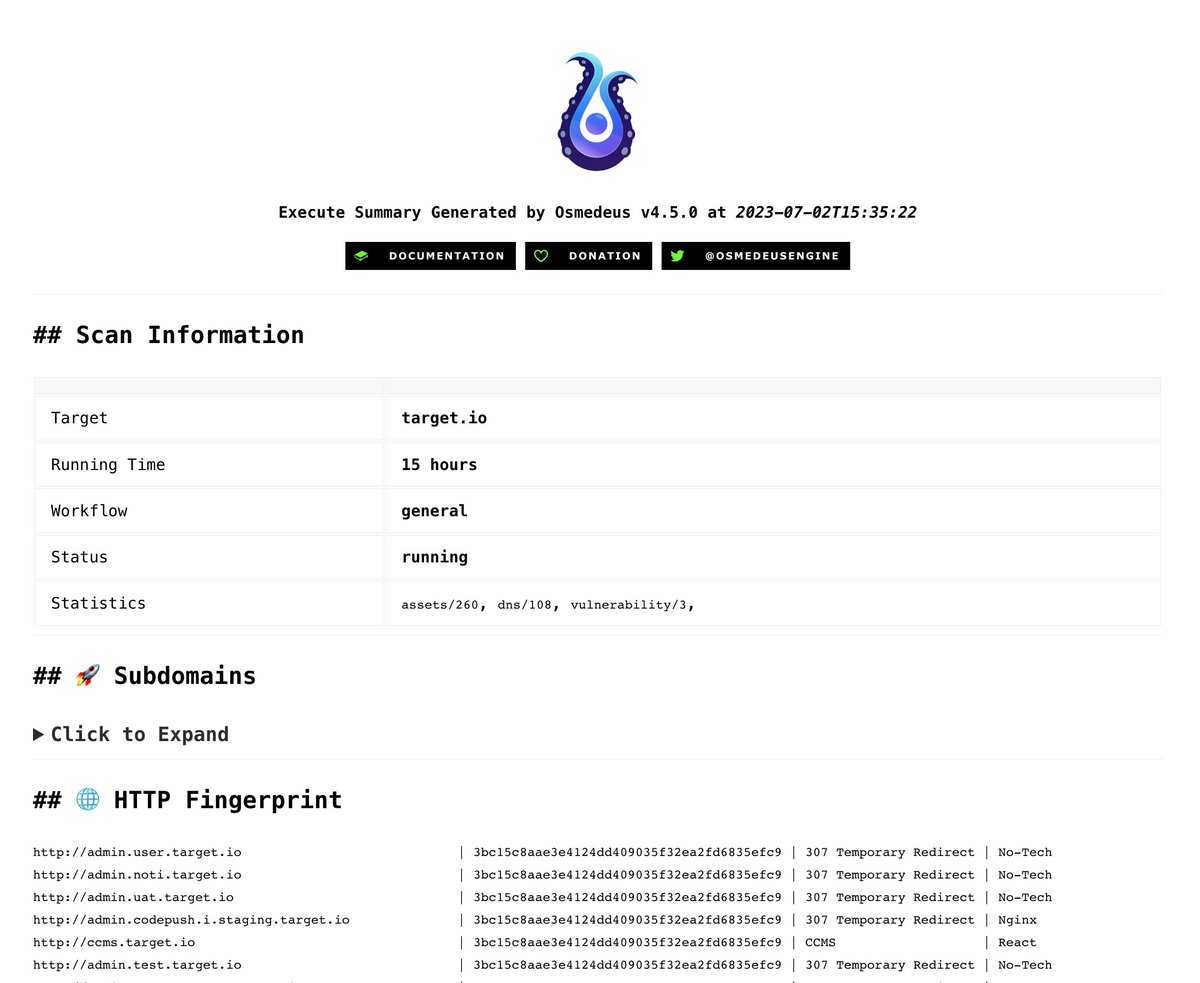 🔥 Osmedeus v4.5.0 has been released with a new markdown summary report, enabling you to generate visually appealing reports that summarize all the information regarding your target

github.com/j3ssie/osmedeu… 

#bugbounty #bugbountytips #infosec #osint #security #recon