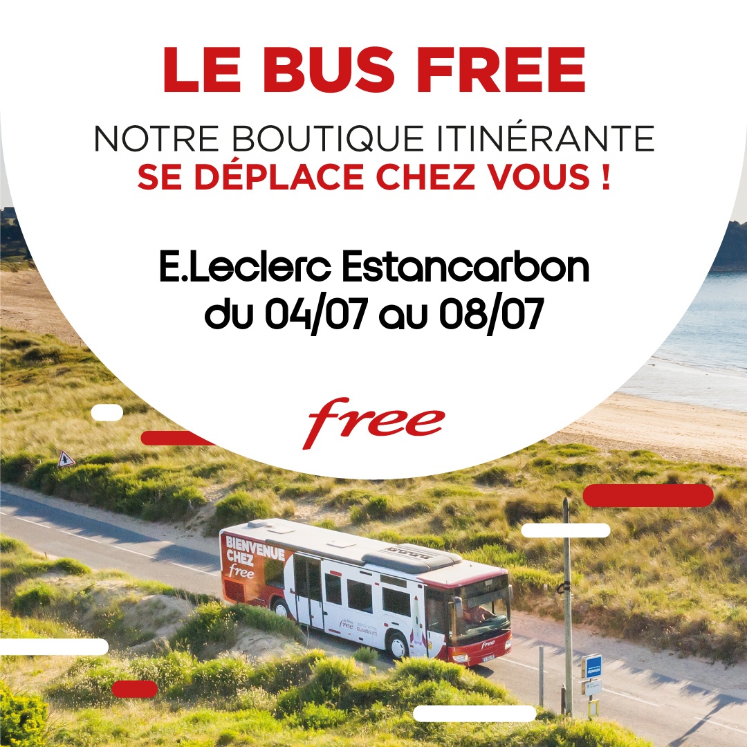 Le bus Free est de retour sur les routes de France😍  Dès aujourd'hui, retrouvez notre boutique itinérante au E.LECLERC Estancarbon jusqu'au 08/07 📍Nous vous attendons nombreux 🤝
<a href="/Occitanie/">Région Occitanie</a> <a href="/ladepeche31/">La Dépêche 31</a> <a href="/petitjournal31/">Le Petit Journal 31</a> <a href="/victordenouvion/">Victor DENOUVION</a> @Fibre31HG <a href="/hgnumerique/">Haute-Garonne Numérique</a>