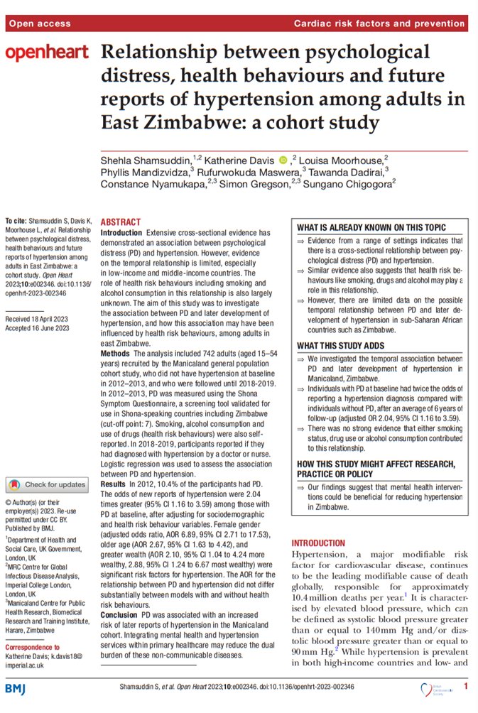 Manicaland Centre (@manicalandhiv) on Twitter photo Our new publication in <a href="/Open_HeartBMJ/">Open Heart</a>, led
by Shehla Shamsuddin, explores the relationship between psychological distress, health behaviours and future reports of hypertension in Manicaland, Zimbabwe: dx.doi.org/10.1136/openhr…
<a href="/MRC_Outbreak/">MRC Centre for Global Infectious Disease Analysis</a> <a href="/BRTI_ZIMBABWE/">Biomedical Research and Training Institute</a> <a href="/Sungano/">Dr. Sungano</a> Our new publication in <a href="/Open_HeartBMJ/">Open Heart</a>, led
by Shehla Shamsuddin, explores the relationship between psychological distress, health behaviours and future reports of hypertension in Manicaland, Zimbabwe: dx.doi.org/10.1136/openhr…
<a href="/MRC_Outbreak/">MRC Centre for Global Infectious Disease Analysis</a> <a href="/BRTI_ZIMBABWE/">Biomedical Research and Training Institute</a> <a href="/Sungano/">Dr. Sungano</a>