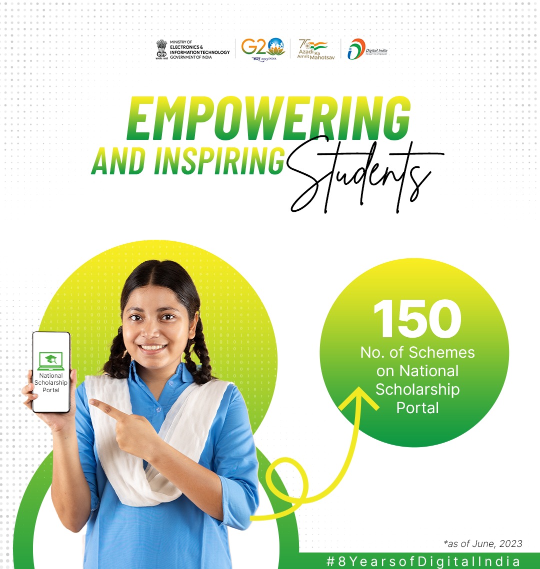 NICMeity's tweet photo. #8YearsOfDigitalIndia 
Unlocking opportunities with the National Scholarship Portal! It simplifies the application process, ensures accountability, and enables direct fund delivery to beneficiaries. Join the digital revolution, visit https://t.co/qck38OSeQp
#NICMeitY https://t.co/YraOVlyYy2