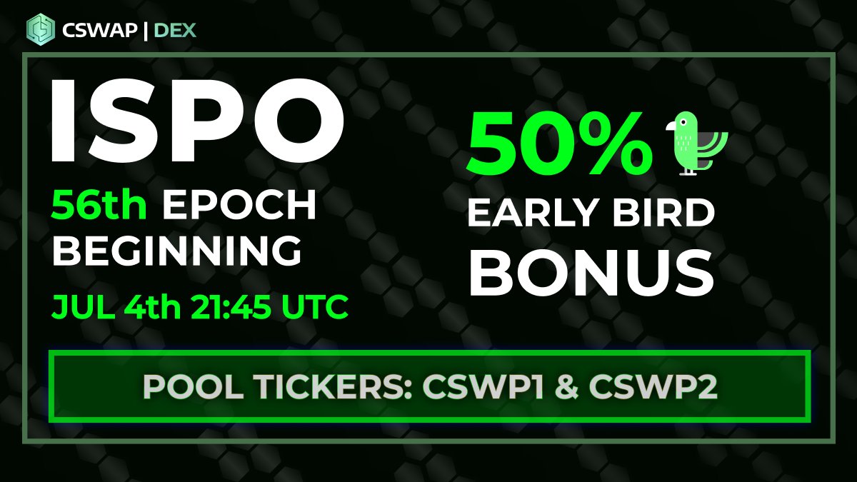 CswapDEX's tweet photo. ⏰FRESH EPOCH: Our ISPOs 56th Epoch starts TODAY July 4th 21:45 UTC

🦆EARLY BIRD BONUS: To qualify for the 50% Bonus, delegate to CSWP1 or CSWP2 before the start of the new epoch!

⚙️ISPO TOOL: Track your ISPO rewards https://t.co/ORmzc0pNOd

#Cardano #ISPO $CSWAP https://t.co/xYwZGeCC3U