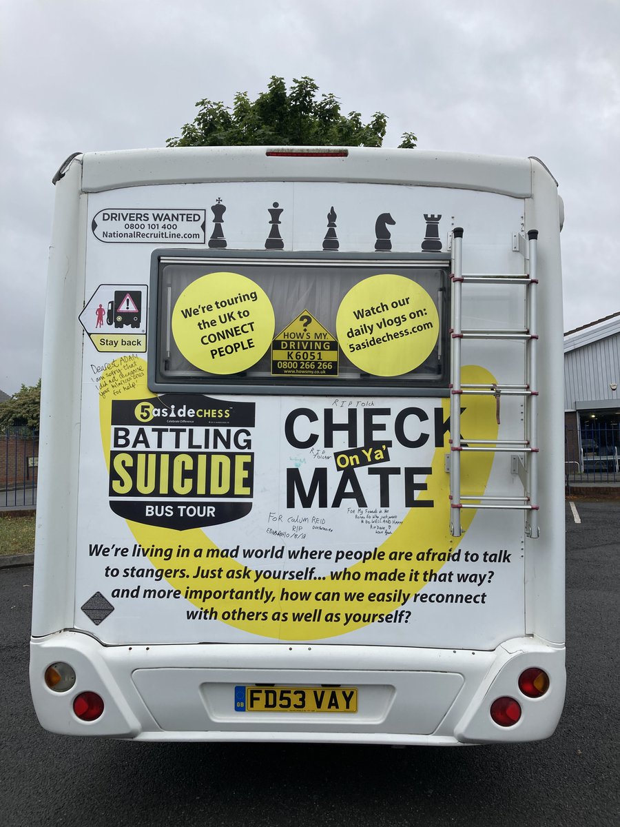 EITC's tweet photo. ♟️🙌 Our Girls on Side and Veterans programme had a special visit from the @5asideCHESS 'Battling Suicide Bus'.

💙 The bus, displaying personal messages from people who have been affected by suicide, aims to raise awareness for suicide and promote positive mental health. https://t.co/ymWTBsW3wV