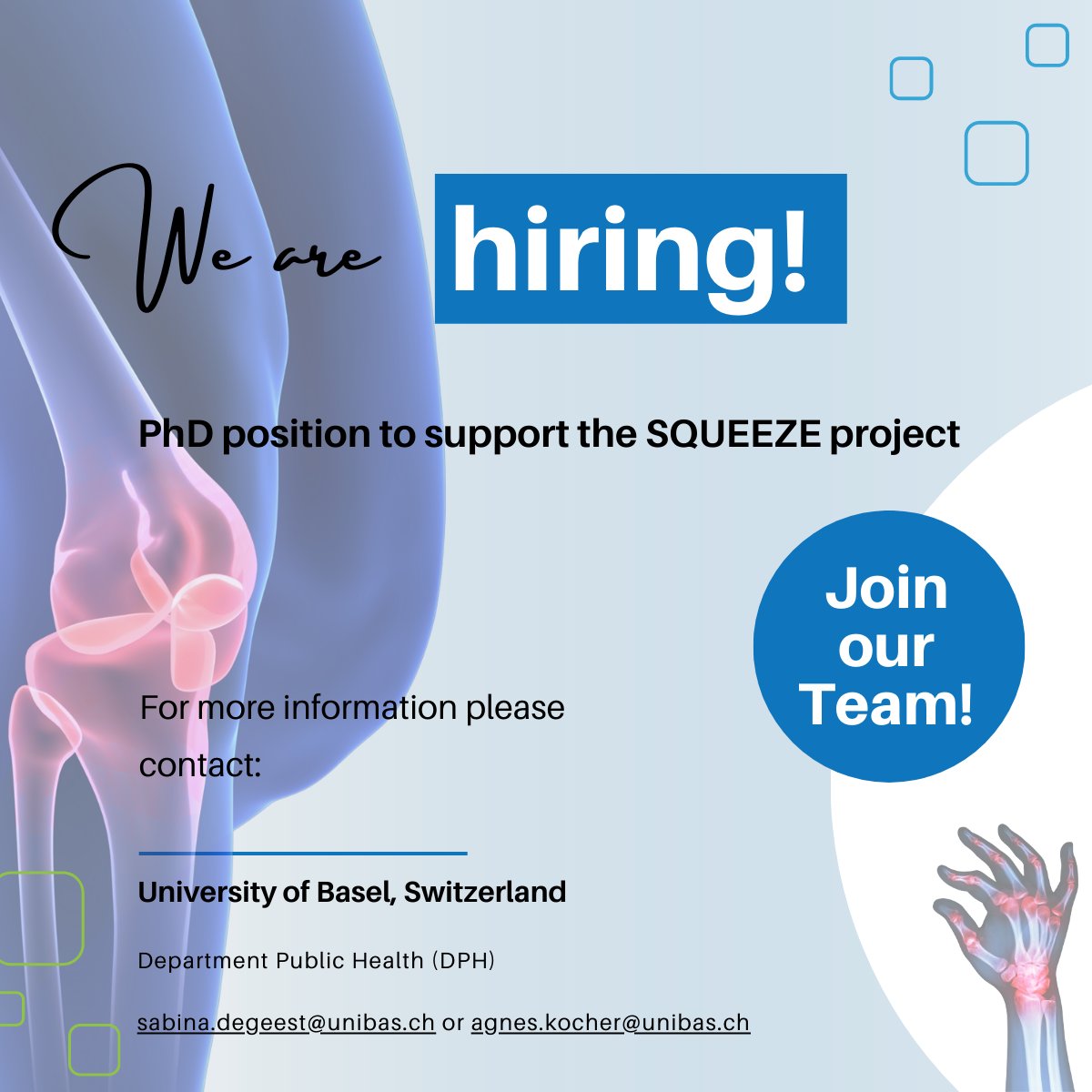 SQUEEZE_project's tweet photo. ⚠️We're hiring! ⚠️ Opening for a #PhD position at @UniBasel_en in the team of @SabinaDeGeest working together with @kocheragnes and other great experts dedicated to our joint cause here at @SQUEEZE_project. Feel free to spread the word!! 🔊 https://t.co/bY4HgBOPem