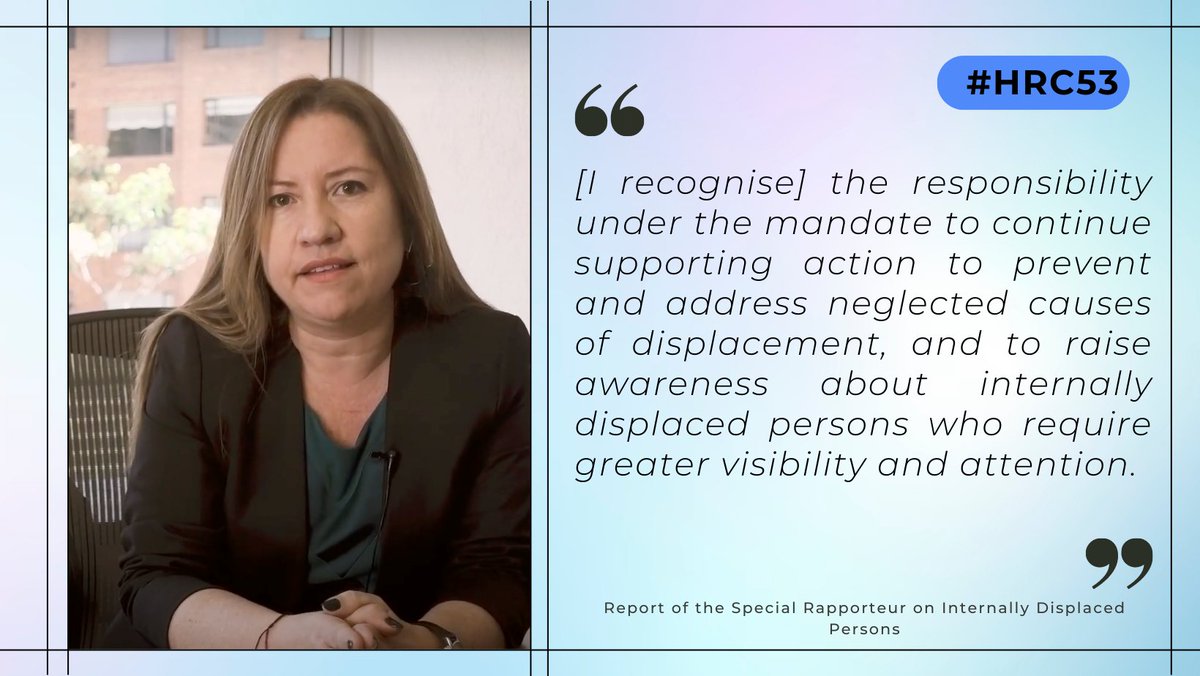 2/2 In her report, Special Rapporteur on #IDPs, <a href="/PaulaGaviriaB/">Paula Gaviria</a> details her thematic priorities:

🔹#InternalDisplacement due to generalised violence
🔹#Peace processes, agreements, &amp; #PeaceBuilding &amp; IDPs
🔹#ClimateChange &amp; internal displacement
🔹IDP Integration &amp; re-integration