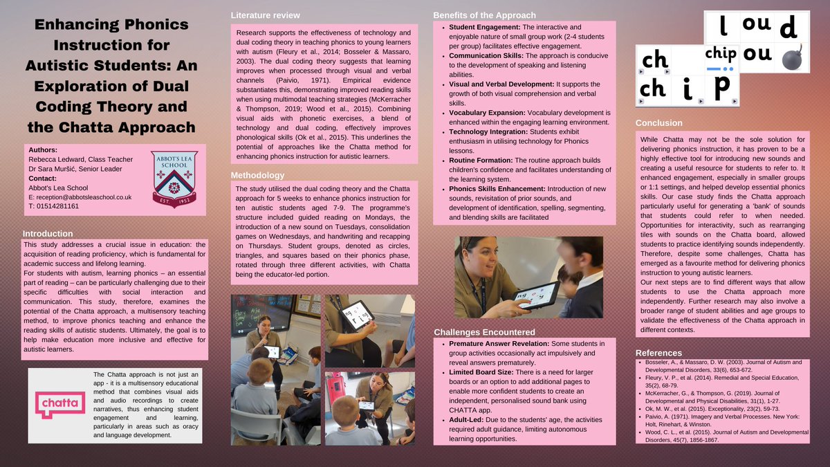 ALS_AutismRandD's tweet image. Unveiling our #ACRE23 poster: "Enhancing Phonics Instruction for Autistic Students: An Exploration of Dual Coding Theory and the Chatta Approach". 📚📷 See how multi-sensory teaching strategies can foster educational equity in our digitised world. 📷📷
@hellochatta