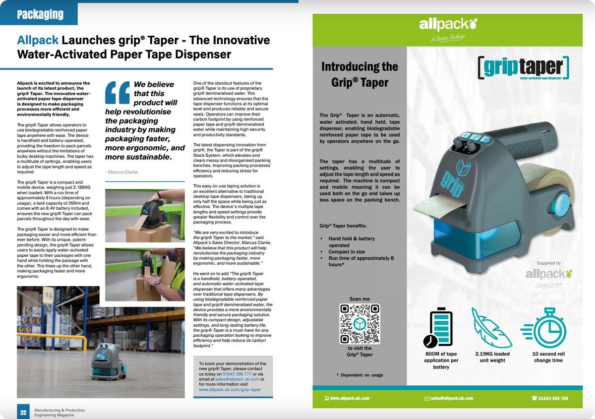 abetterpackage's tweet photo. Find us in @mpemaguk!
Head to pages 32-33 of the July 2023 edition to learn more about the gripβ’ Taper, the latest in sustainable packaging innovation for mobile paper tape dispensing and efficiency.
β‘οΈ Read now: https://t.co/kK3VXWlEnI
#Allpack #gripTaper https://t.co/VgPXng3rDp