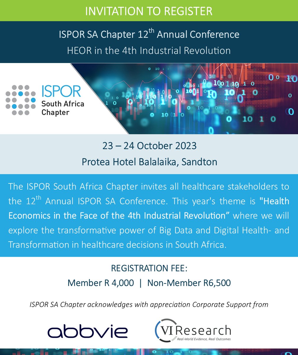 Invitation to register: ISPOR SA Chapter Conference 2023
Theme: HEOR in the 4th Industrial Revolution

Follow the link to register: form.jotform.com/231633229765561

Abstract Submission: form.jotform.com/231132084885557

#ispor #heor #healtheconomics #data