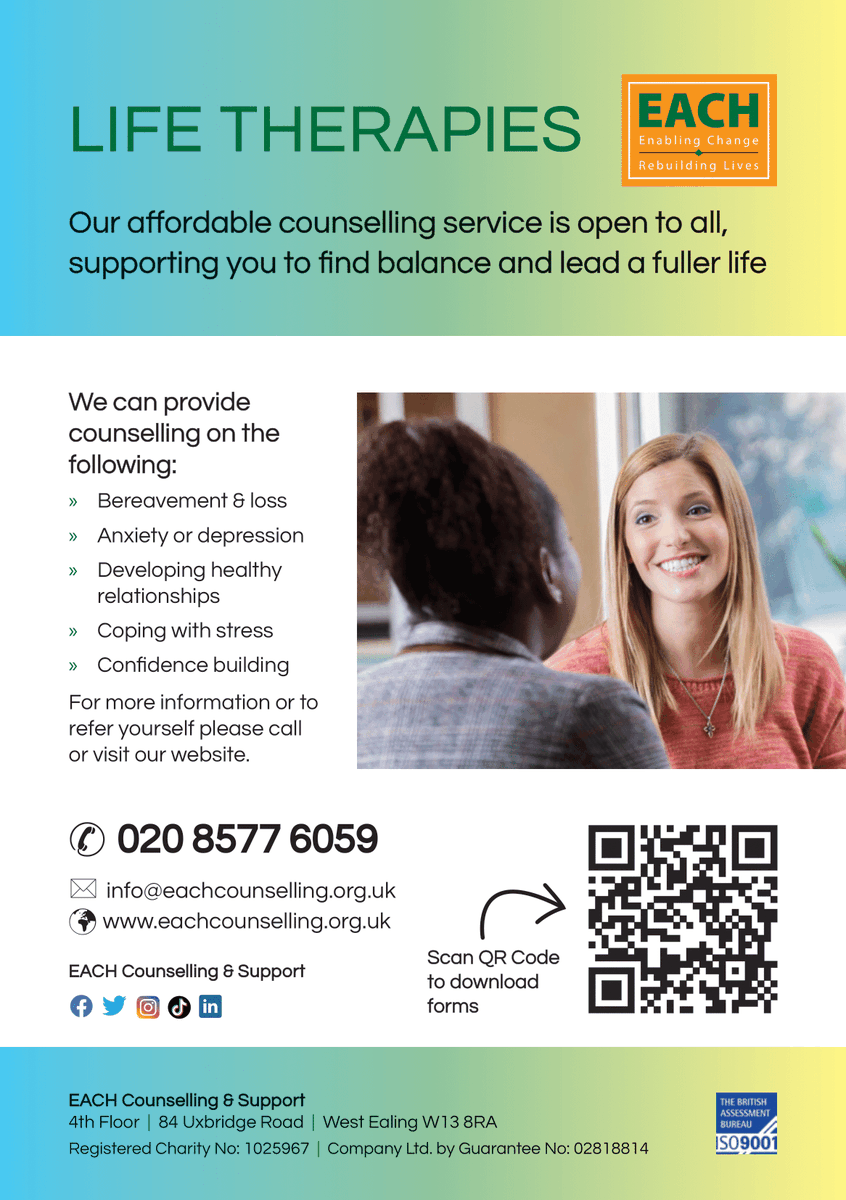 We're excited to launch our new service, Life Therapies! 🎉 Our counsellors are here to provide affordable counselling for bereavement, anxiety, depression, stress, confidence building, and fostering healthy relationships. 💙#LifeTherapies #AffordableSupport #MentalWellness #EACH
