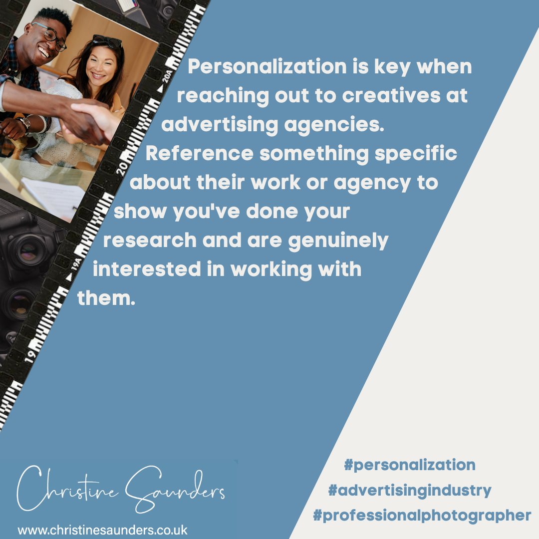 Make sure when you reach out the creatives and agencies that you give it a personal touch. Mention their work and what you think to show you’ve done your research and really are interested. 

#photography #coach #advertisingtips #advertisingindustry #professionalphotographer