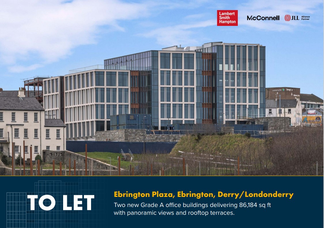 TO LET
Ebrington Plaza, Ebrington, Derry ~ Londonderry

BREEAM Excellent Grade A Office Development delivering 86,184 sq ft with on-site car parking. 

Building One extends to 53,151 sq ft 

Building Two (under construction) will deliver 33,033 sq ft

linkedin.com/feed/update/ur…