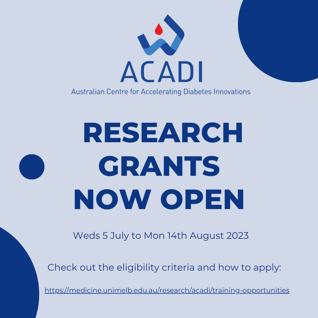 The 2024 ACADI research grants are now open for applications! Are you a #PhD candidate or #ECR in the field of diabetes? Applicants can be from any field from any one of our 16 core partner organisations across Australia. Apply now 👉 medicine.unimelb.edu.au/research/acadi…