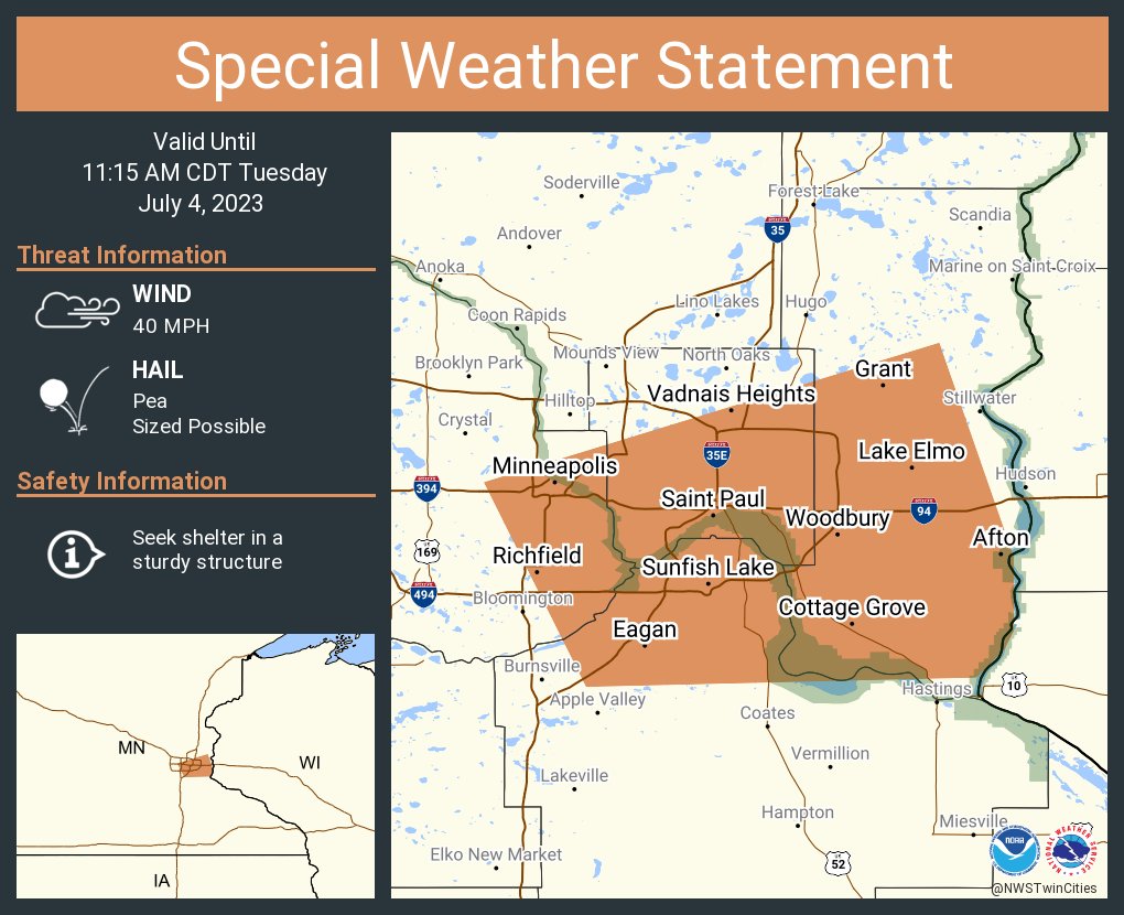 NWSTwinCities's tweet photo. A special weather statement has been issued for Minneapolis MN, Saint Paul MN and  Eagan MN until 11:15 AM CDT https://t.co/smtCFlkBbJ