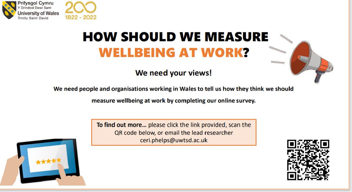 As part of our <a href="/UWTSDPsych/">SoPaC School of Psychology & Counselling at UWTSD</a> research into creating a toolkit for improving wellbeing at work we are now seeking views of people and organisations in Wales to inform our consensus study.  Please click the link to find out more and share your views!
uwtsdyrathrofa.eu.qualtrics.com/jfe/form/SV_38…
