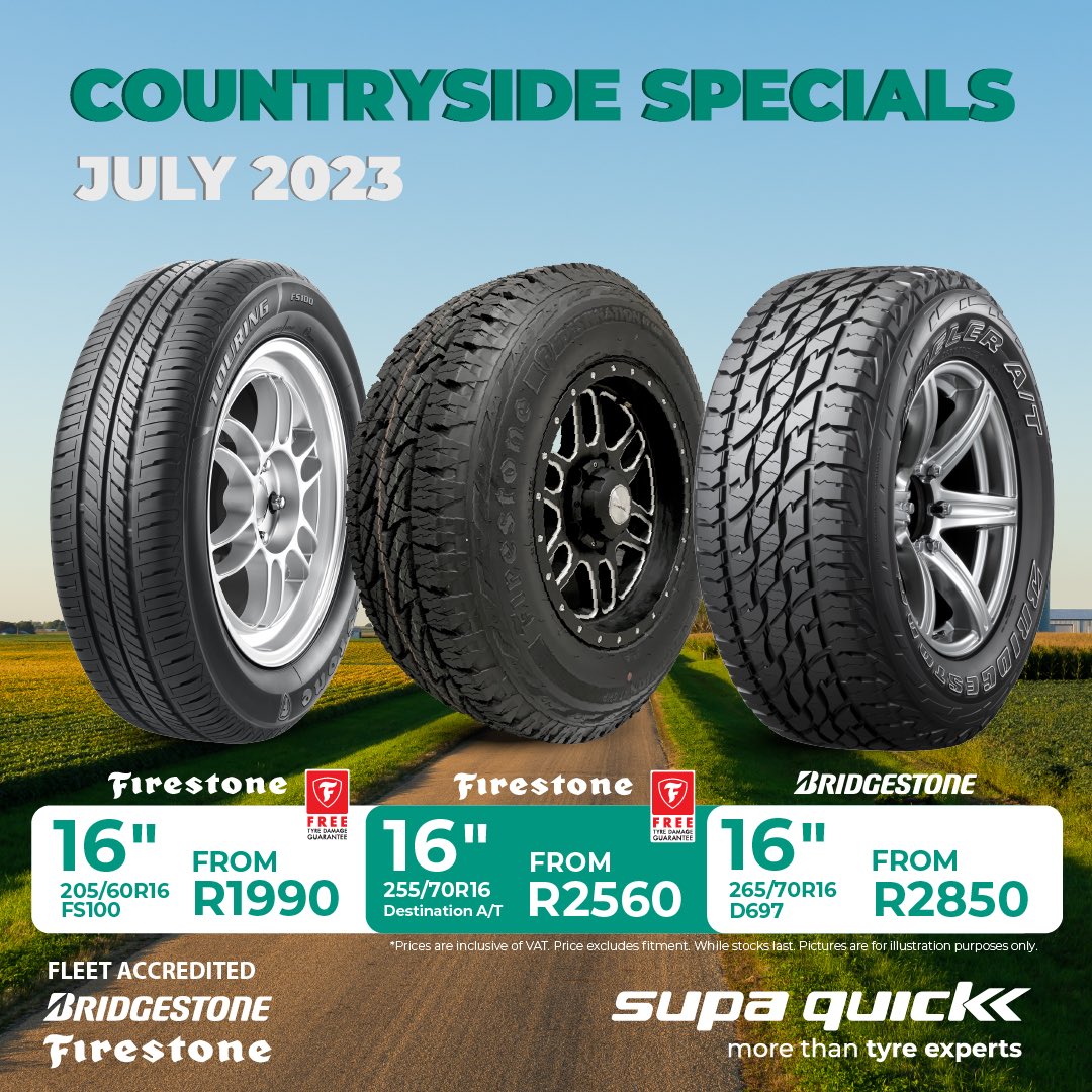 SupaQuickTyres's tweet photo. 🚗 More incredible deals just for you! 😊 Check out our Countryside tyre specials at any of our 190+ stores nationwide! 🌍 T&Cs apply. Valid from 1 Jul to 31 Aug 2023. ❤️ Get the details here: https://t.co/rqXrAyDSHx #ThinkSupaQuick #UnbeatableTyreDeals #FreeTyreDamageGuarantee https://t.co/gCUryif4tM