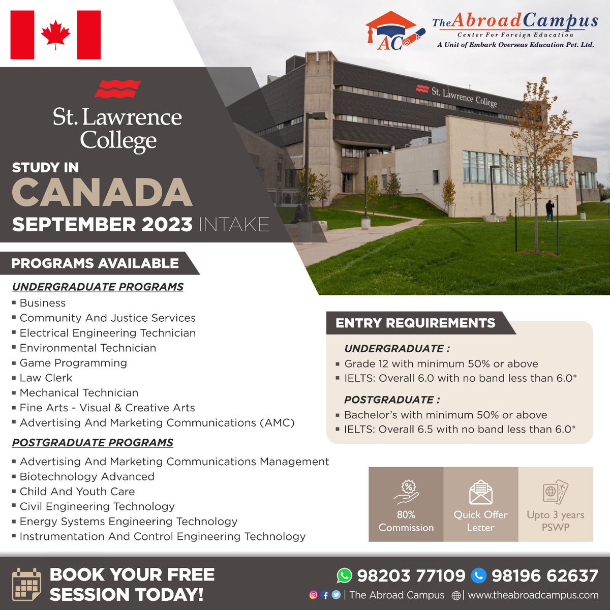 Canada Connect: Uniting Life and Learning for Onshore Students! 🏫🌍

🎓📝 Applications now open for the September 2023 intake at St. Lawrence College

#theabroadcampus #stlawrencecollege #canada #studyincanada #septintake #canadavisa #mumbai #studyabroadconsultant #applynow
