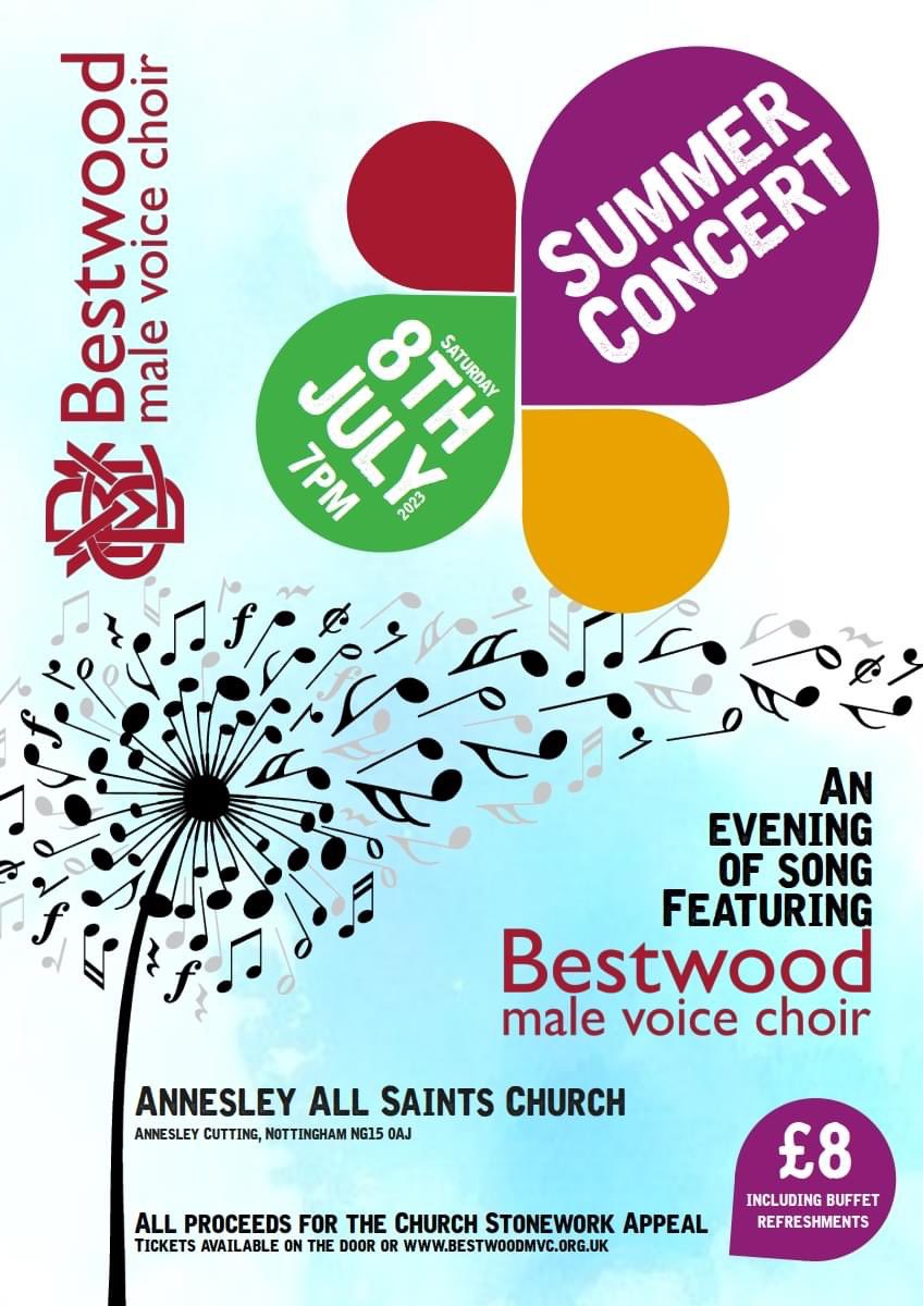 Our next concert is this Sat 8 July, 7pm at All Saints' Church, Annesley. It’s in aid of the church's stonework appeal and we hope you’ll come along to help keep this lovely building open for future generations.

Tickets available from bestwoodmvc.org.uk or on the door.