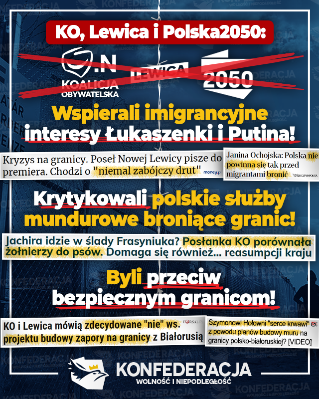 KONFEDERACJA_'s tweet photo. Hipokryzja aż się wylewa. Bezpieczne granice? Szkoda, że gdy przyszło do realnej próby to walczyliście, aby je osłabiać. A jak się nie udało to wasi posłowie biegali po granicy świadomie utrudniając pracę Straży Granicznej i wojska 🤦‍♂️
