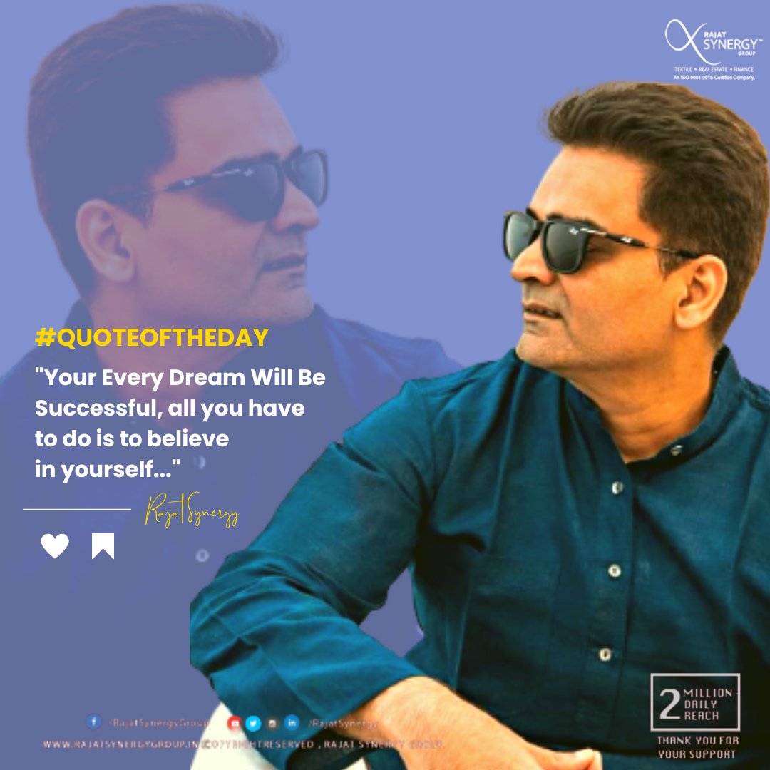 rajatsynergy's tweet photo. #quoteoftheday #QuotesByRajatSynergy 

"Your Every Dream Will Be 
Successful, all you have 
to do is to believe 
in yourself..."

~ RAJAT SYNERGY

#RajatSynergy #RajatSynergyGroup #RajatMohanPathak https://t.co/O4W5Ufnki3