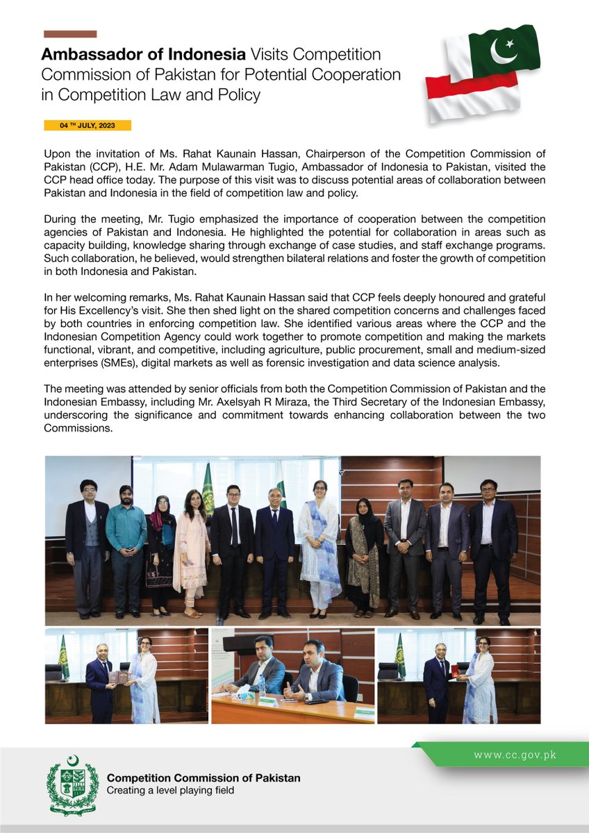🌍 Strengthening Ties: Indonesian Ambassador Visits Competition Commission of Pakistan for Potential Collaboration in Competition Law &amp; Policy. Exciting prospects lie ahead! 🤝🇮🇩🇵🇰
#CompetitionLaw #Collaboration #CCP #Pakistan #Indonesia