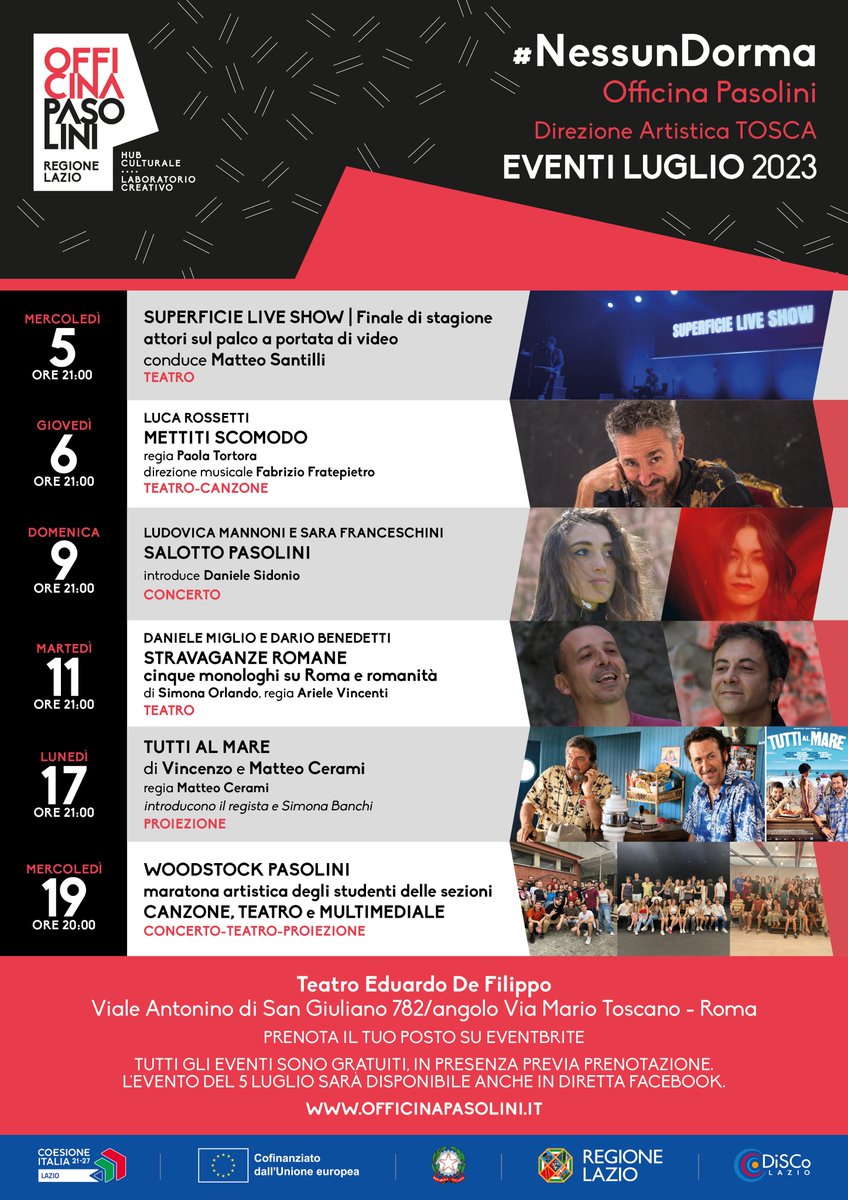 Si comincia domani, 5 luglio, per finire il 19: poi la programmazione dell'Hub culturale di #officinapasolini va in pausa fino a settembre.
Non perderti gli ultimi appuntamenti gratuiti, prenota su eventbrite.it/d/italy--roma/…
<a href="/RegioneLazio/">Regione Lazio</a> #LazioDiSCo #DiSCoLazio