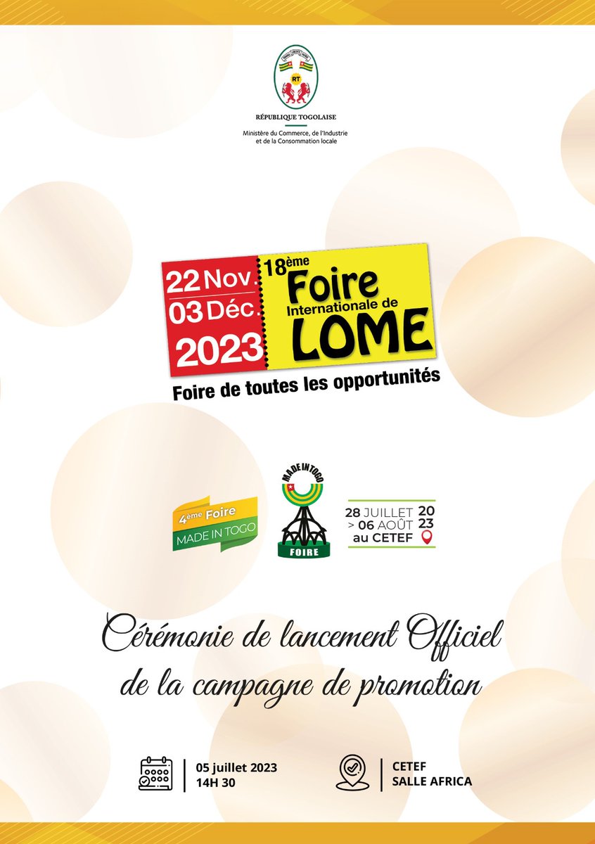 🎯 Cérémonie de lancement de la campagne de promotion de la 18e Foire internationale de Lomé et de la 4e Foire Made in Togo🇹🇬.
🗓️ Mercredi 05.07.2023
⌚️ 14h 30
📍Salle Africa - <a href="/ceteflome/">CETEF-LOME</a> 

#Denyigban
#CETEFTg
