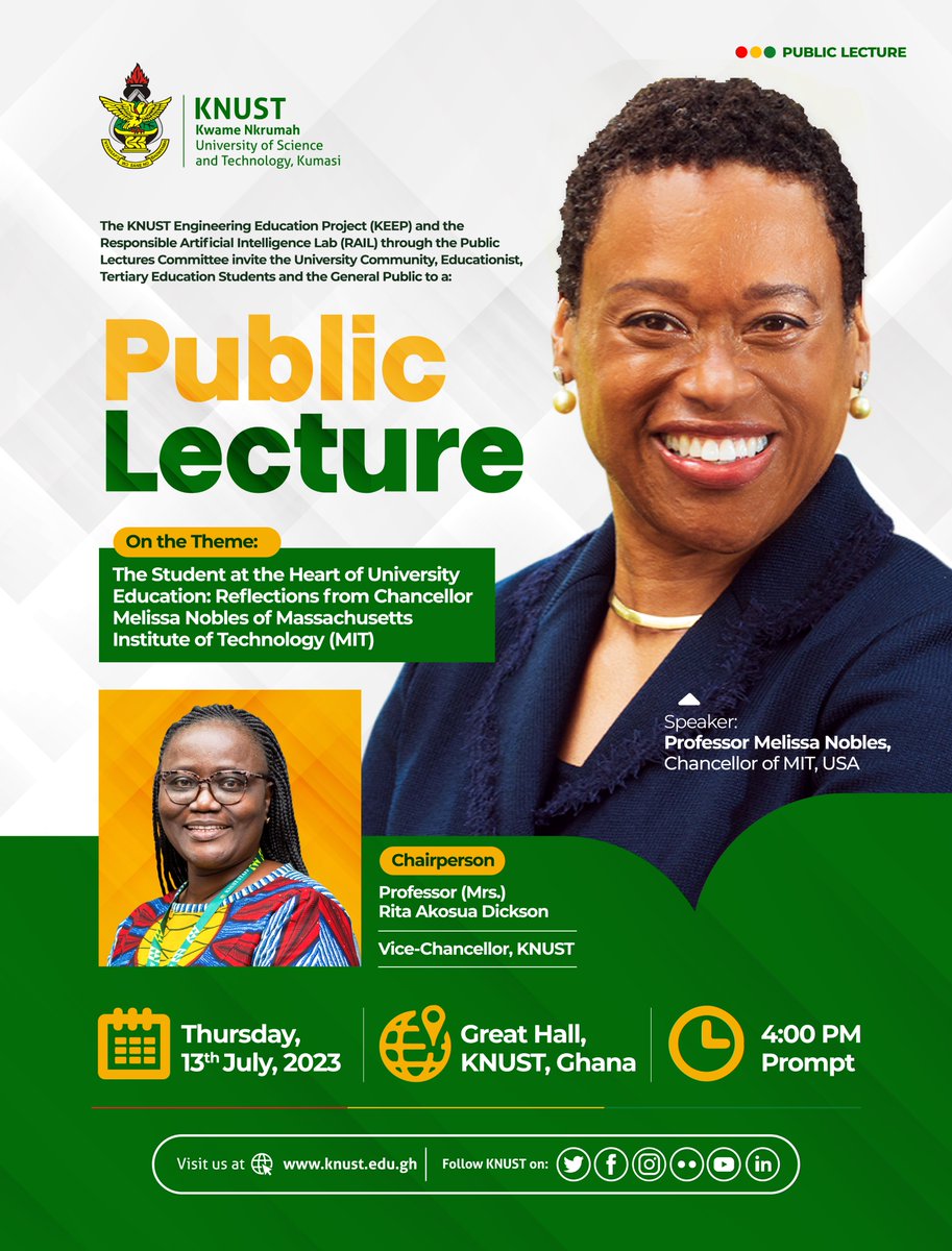 Public Lecture: The Student at the Heart of University Education, to be delivered by Professor Melissa Nobles, Chancellor of <a href="/MIT/">Massachusetts Institute of Technology (MIT)</a>, USA. Make a date!!