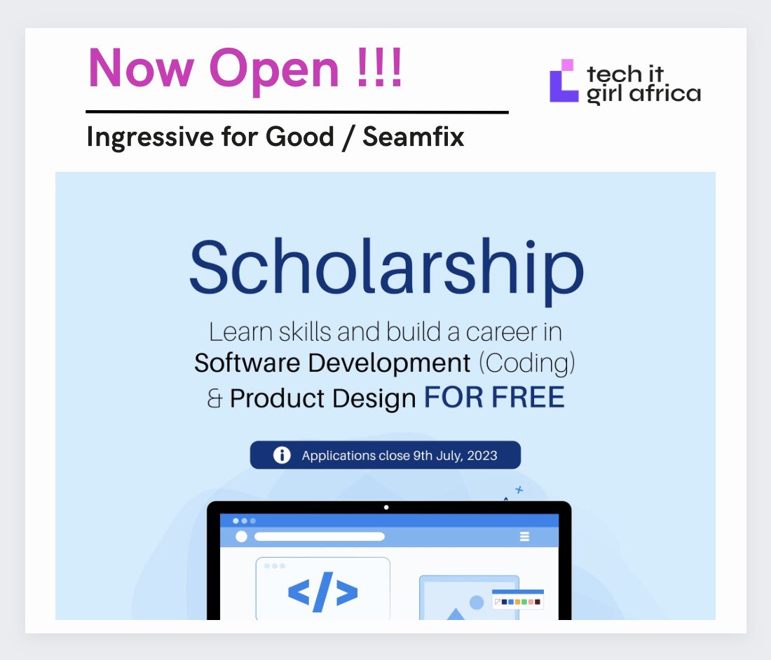 techwithher_a's tweet image. SCHOLARSHIP ALERT!!!!🥳

@Ingressive4Good and @seamfixltd have partnered to provide 100 African youths  a chance to learn Product Design or Software Development for FREE!!

Apply here⬇️
ingressive.org/i4g-seamfixnex…

Application closes 9th July, 2023 

#techitgirlafrica #Scholarship
