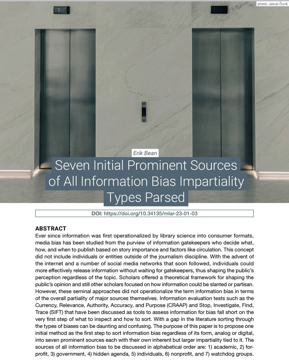 ErikBeanEdD's tweet photo. @TomidlOfficial Good information!  I am delighted to share my latest peer reviewed article on the 7 sources of all impartiality. I propose this as the first information literacy step. Also, discover where AI might fall in the seven. https://t.co/wfUPiX8d1j https://t.co/0yis0pqfvc