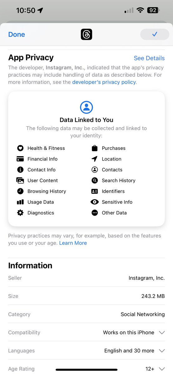 aaronthomasmith's tweet photo. The stark difference between Twitter alternatives Post News and Instagram Threads: App Store screenshot from the user data each collects https://t.co/i5AuWELmXp