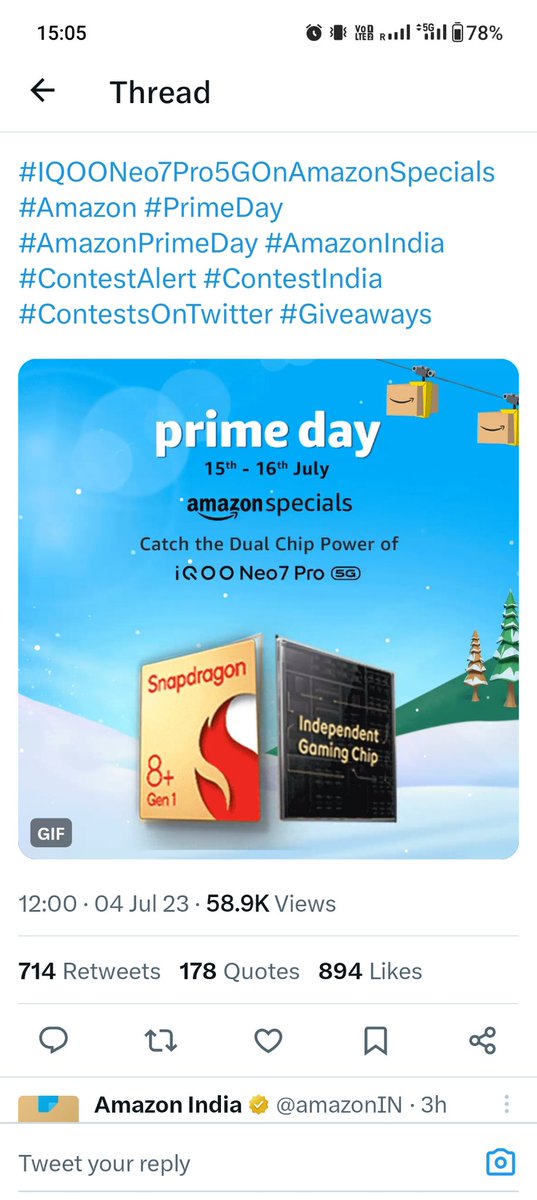 KomalCK's tweet photo. Bang on screenshot,Caught them both @amazonIN #IQOONeo7Pro5GOnAmazonSpecials #Amazon #PrimeDay #AmazonPrimeDay #AmazonIndia #ContestAlert #ContestIndia #ContestsOnTwitter #Giveaways https://t.co/2wSiVzCFqk