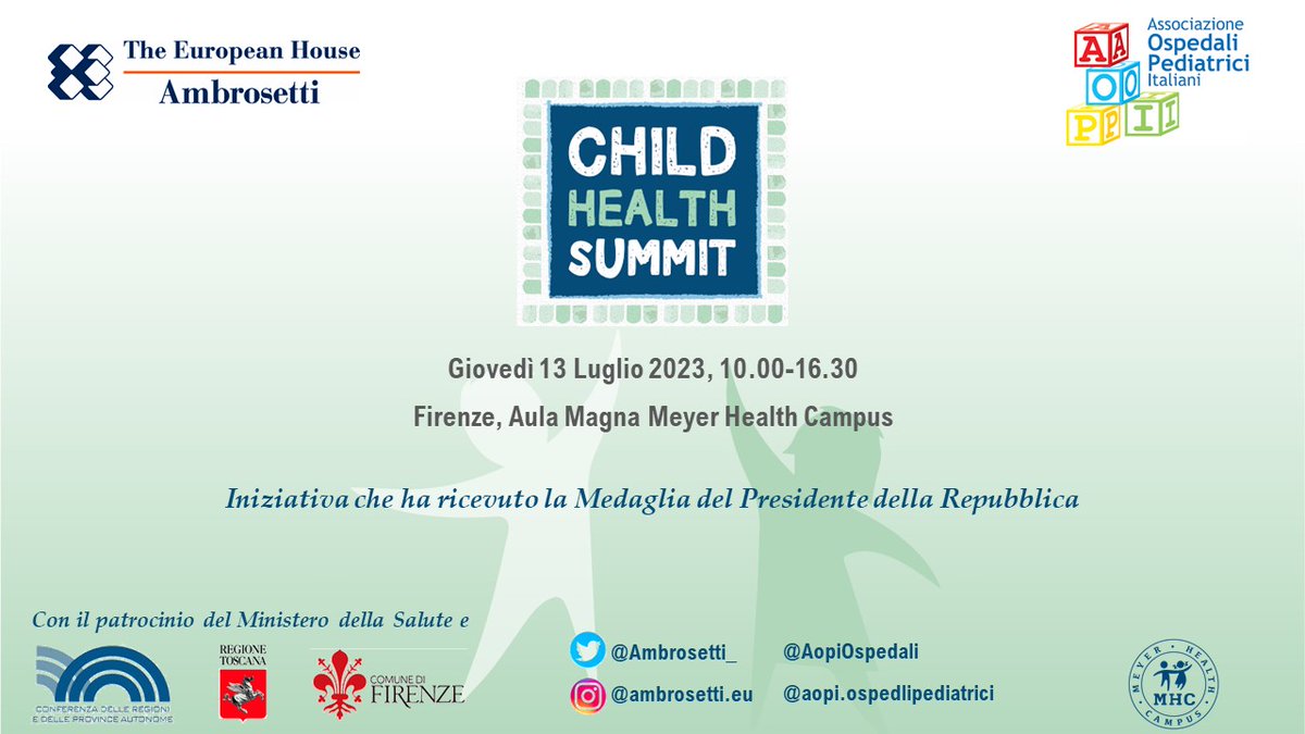 The European House - Ambrosetti (@ambrosetti_) on Twitter photo Il 13 Luglio si terrà il Child Health Summit organizzato da <a href="/Ambrosetti_/">The European House - Ambrosetti</a> con <a href="/AopiOspedali/">AOPI Associazione Ospedali Pediatrici Italiani</a>
Si parlerà di impatti delle disuguaglianze sociali sulla #salute, effetti della #pandemia su benessere psicologico di bambini e adolescenti, #ricerca pediatrica e molto altro Il 13 Luglio si terrà il Child Health Summit organizzato da <a href="/Ambrosetti_/">The European House - Ambrosetti</a> con <a href="/AopiOspedali/">AOPI Associazione Ospedali Pediatrici Italiani</a>
Si parlerà di impatti delle disuguaglianze sociali sulla #salute, effetti della #pandemia su benessere psicologico di bambini e adolescenti, #ricerca pediatrica e molto altro