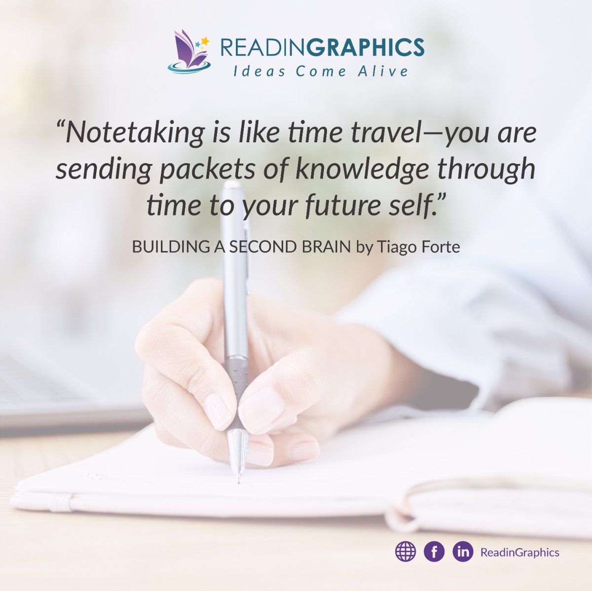 ReadinGraphics's tweet photo. Travel through time with knowledge and build a #Second Brain as a memory aid, thinking tool, and innovation tool.
Learn more about building a second brain method in our free summary. #Readingraphics #ActionableInsights
#BuildingASecondBrain

https://t.co/GrxfXJgfLr https://t.co/bPAX3bX94v