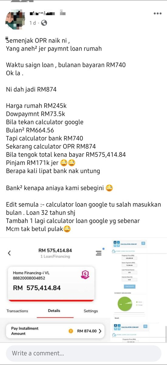 afyanIFP's tweet photo. Masa nak beli rumah, tak aniaya. 
Masa sign agreement, tak aniaya.
Masa dapat duduk rumah, tak aniaya. 
Masa buat hutang, tak aniaya.

Tapi masa nak kena bayar balik “Kenapa bank aniaya kami begini?!”.

Siapa yang beria-ia nak beli rumah?
Siapa yang beria-ia  buat hutang dengan bank?
Siapa yang beria-ia nak panjangkan hutang sampai 30 tahun?

Siapa yang aniaya sebenarnya?

Masa beli tak guna pula kalkulator ni?

Sebenanrnya benda ni takkan terjadi kalau pakai kalkulator kewangan tu sebelum sign kontrak.

Dan sebenanrnya benda ni takkan berlaku jika kita baca betul-betul offer letter. Offer letter hanya beberapa muka surat sahaja. Dalam tu dah dinyatakan berapa harga jual atau harga siling. Dan dinyatakan juga kadar efektif pembayaran bulanan.

Jadi, solusinya apa? Saya akan sambung di thread berikutnya.

Jangan lupa follow @afyanIFP utk lagi tip-tip kewangan daripada Wakanda.

Ramai tak nak tau? Cer respon.
