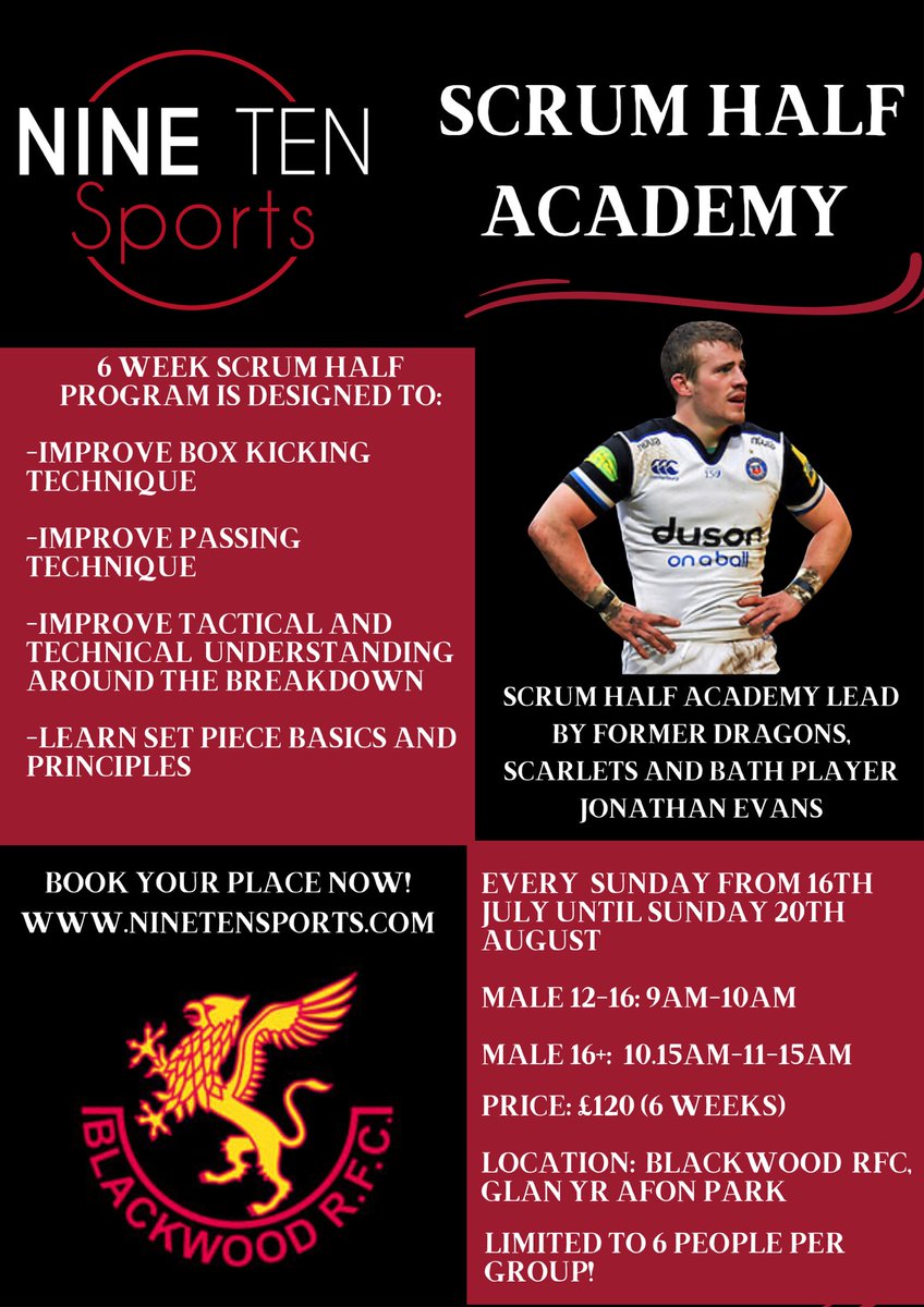 910Sports's tweet image. Introducing the Nine Ten Sports Scrum Half Academy.

The 6 week scrum half Academy is lead by Former @dragonsrugby @scarlets_rugby @BathRugby Scrum Half Jonathan Evans.

Limited places available! Sign up at ninetensports.com to secure your place now! #LearnLikeAPro