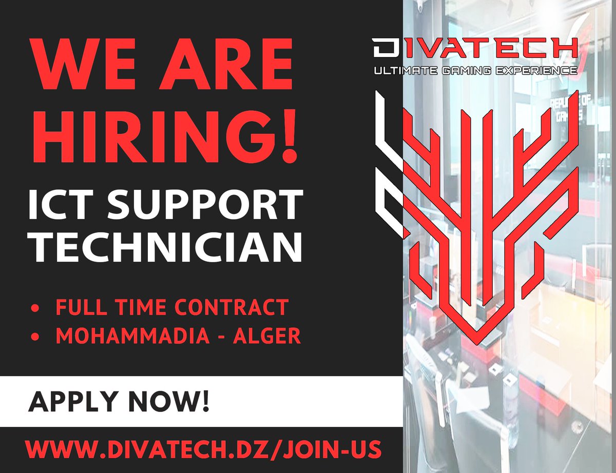 DivatechDz's tweet photo. Nous recherchons actuellement un technicien TIC expérimenté pour rejoindre notre entreprise, Postulez maintenant! https://t.co/sMKzrlypuU

#recruiting #recruitment #recruit #hiring #job #ict #ittechnician #technician #itsupport #gaming #tech https://t.co/iO615ldTk6