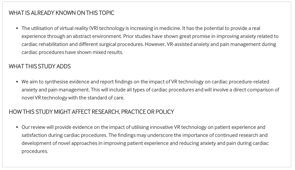 Open_HeartBMJ's tweet photo. Effectiveness of virtual reality on anxiety and pain management in patients undergoing cardiac procedures: a protocol for systematic review and meta-analysis
https://t.co/iq6Tg2kZrH https://t.co/JPNTAbACTC