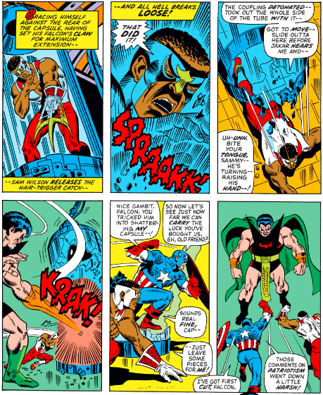 MarvelADay's tweet photo. #MarvelADay #Cap150 Falcon escapes his bottle of death by using his retractable claw to short out the mechanism. Spraakk! Once free, he gets Jakar to blast Cap out of his prison. Time for a smack-down! - VA https://t.co/pg80POonY5