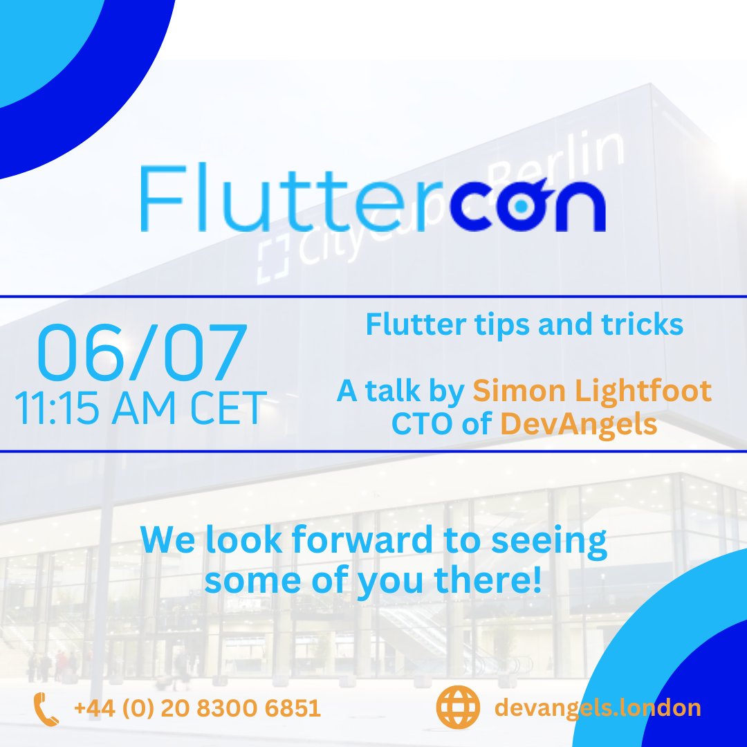 DevAngelsLtd's tweet photo. Fluttercon is just one day away! Our own Simon Lightfoot will be giving a talk on Thursday at 11:15am on Flutter tips and tricks - if you're attending the event, we look forward to seeing you there!

#FTcon23 #FlutterCon #Dart #Flutter #FlutterDev #AppDev #Coding #DevAngels https://t.co/yBdjNGuJEh