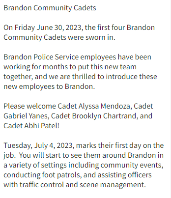 BrandonPolice's tweet photo. Please Welcome the Brandon Community Cadets! #BDNMB https://t.co/40SFL7hsYc