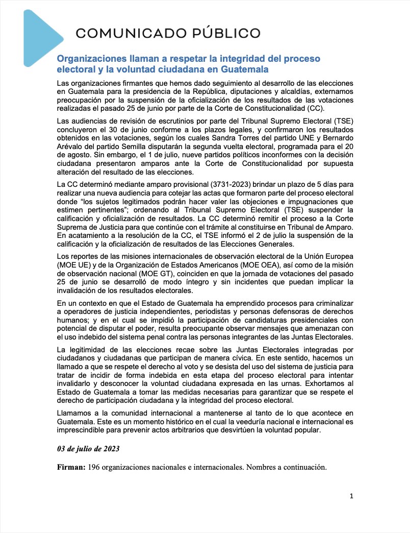 DPLF_info's tweet photo. 🇬🇹 Nos unimos a 196 organizaciones nacionales e internacionales para expresar nuestra profunda preocupación por la suspensión de la oficialización de los resultados de las votaciones del pasado domingo 25 de junio en #Guatemala por parte de la @CC_Guatemala.

Abrimos 🧵 https://t.co/DXjaNGUsYr