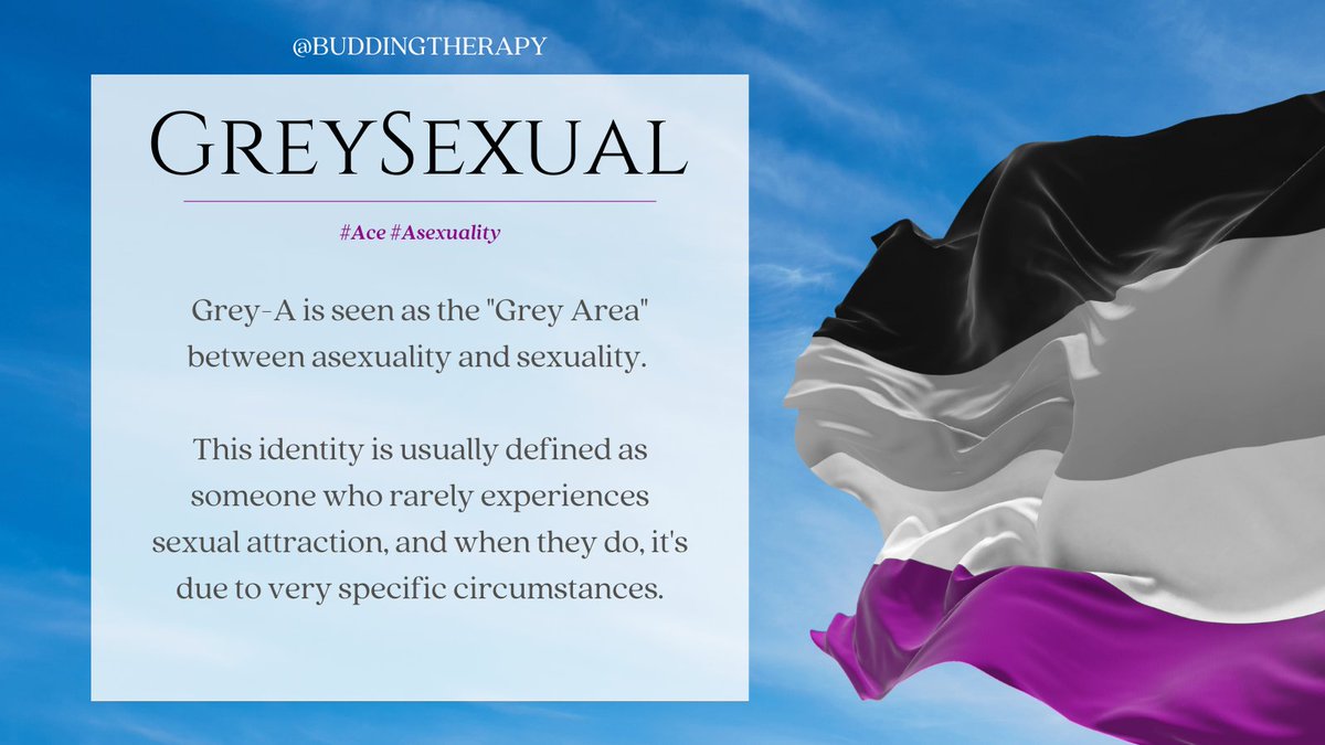 BuddingTherapy's tweet photo. #GreyA (#GrayA) is seen as the "Grey Area" between asexuality and sexuality.
This identity is usually defined as someone who rarely experiences sexual attraction, and when they do, it's due to very specific circumstances.
#Asexual #Asexuality #Ace https://t.co/nVDF6NJimR