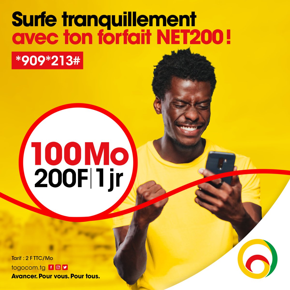 YasTogo's tweet photo. Profite de l’internet à un prix abordable ! Obtiens 100 Mo seulement 200 F.🤩

Il te suffit de composer 909*213# et tu pourras naviguer sur le réseau N°1. 😎

Validité :1 jour
Tarif de 2,00 F /Mo.

#Togocom #ForfaitsTogocom #ConnectivitéÀPetitPrix #DataMobile https://t.co/5IpYTeNPkA