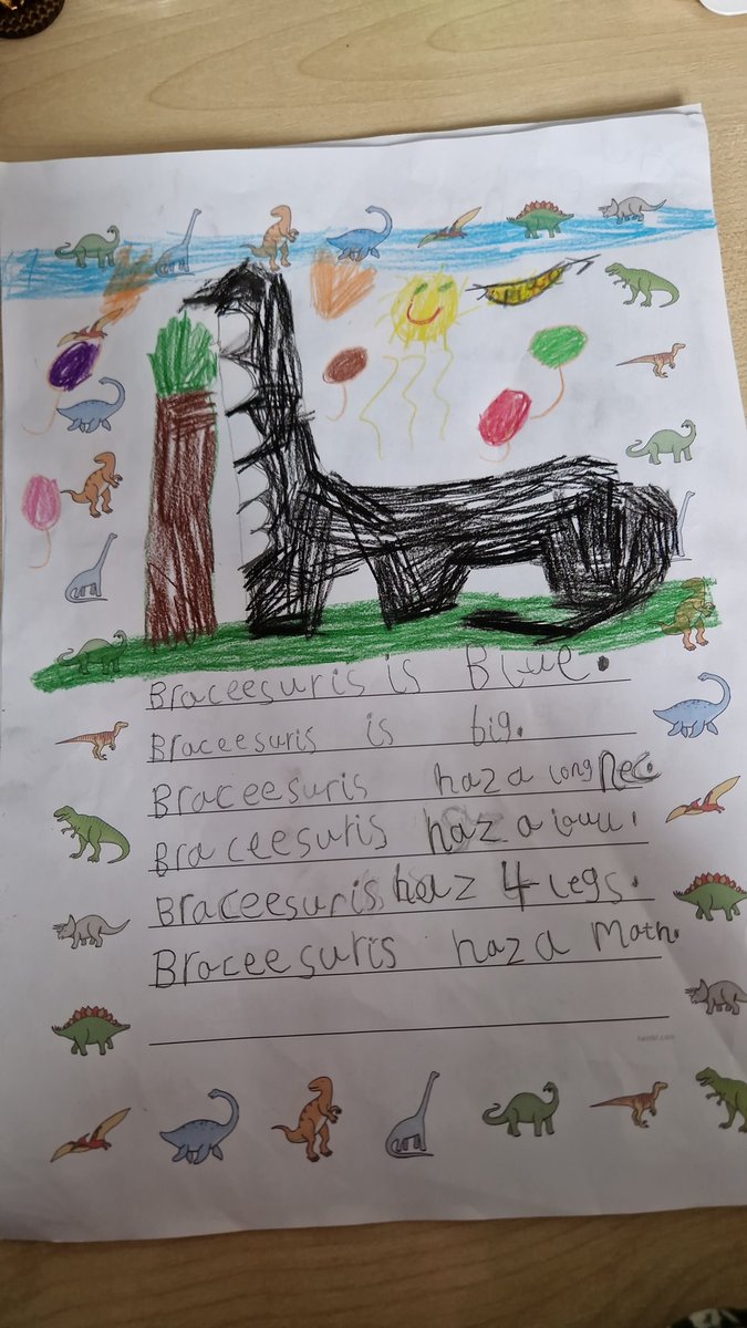 What fantastic independent writing Reception have done this afternoon! 👌🏽
I can see some set 3 sounds and tricky red words being used🤩
@MrsTwortArkVic @MissGreenArkVic
@PhilipMcCahill 

#teamarkvicprimary #dinosaur #independentwriting #trickywords #fredfingers #weareamazing