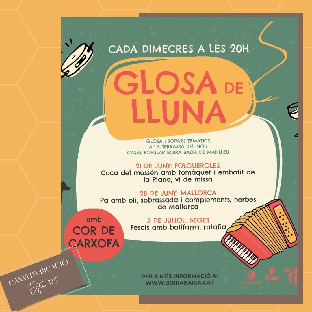 immaculada's tweet photo. Demà continuem amb #Glosa de Lluna @CordeCarxofa, vesprades d'estiu amb cançó improvisada a la terrassa del nou @CasalBoiraBaixa de #Manlleu. Aquesta setmana el sopar estarà inspirat amb les #corrandes de #Beget! https://t.co/qBHJTwc1Uu