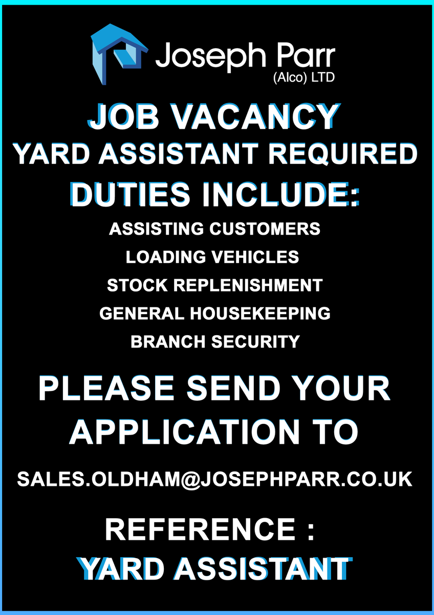 JosephParrAlco_'s tweet photo. #jobvacancy #lookingforjob #job #yard #apply #application #cv #yardassistant #oldhamhour #manchester #Oldham https://t.co/4fxIbe2iNF
