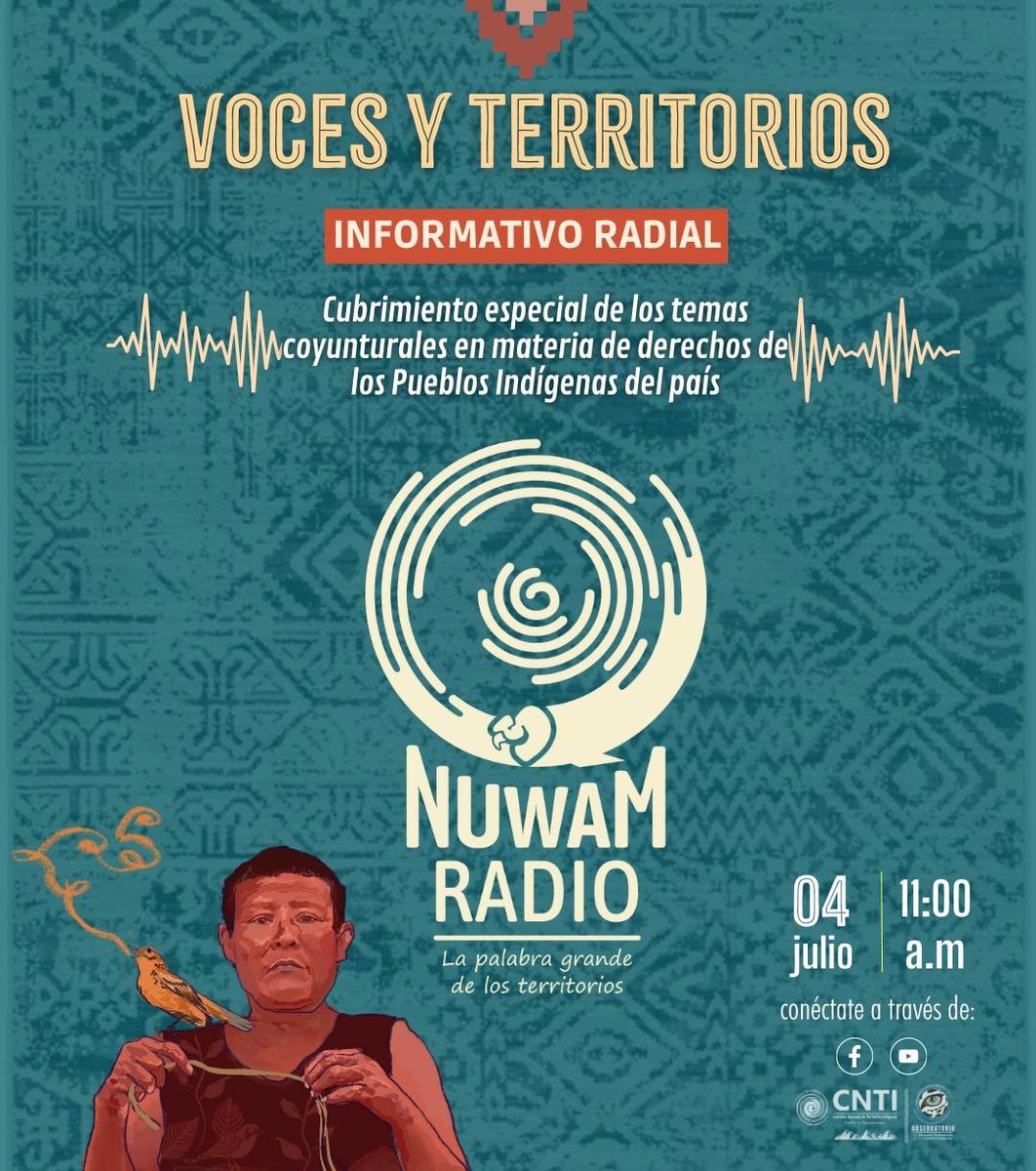 CNTI_Indigena's tweet photo. 📌#CNTICOMUNICA 

🗣️| ¡No te pierdas hoy en #NuwamRadio nuestro informativo radial “Voces y Territorios”!🎙️🍃

🌀| Ponte tus audiófonos y conéctate a la transmisión en vivo con todos los avances del observatorio de los derechos territoriales #ODTPI  de la secretaría técnica de la #CNTI, los acontecimientos más importantes sobre las realidades de los pueblos indígenas de Colombia.🇨🇴

🗓️| Martes, 4 de julio
⏰| 11:00 a.m.

‼️No te pierdas esta transmisión en #vivo a través de #facebooklive y nuestro canal de #youtube de la #CNTI.

 ¡Defender los territorios, es defender la vida! 🍃

Ingresa 👉🏼 https://t.co/tUsta69jVJ
