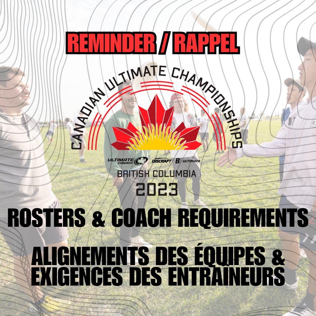 🚨BC Juniors' and all Quebec teams' regional rosters and coach requirements are due tonight cuc2023.ultimatecentral.com/en_ca/importan… --- 🚨Les alignements régionaux et les exigences des entraîneurs doivent être remis ce soir pour les juniors de la C.-B. et toutes les équipes du Québec